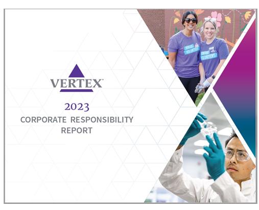 An image of the cover of the 2023 Vertex Corporate Responsibility Report