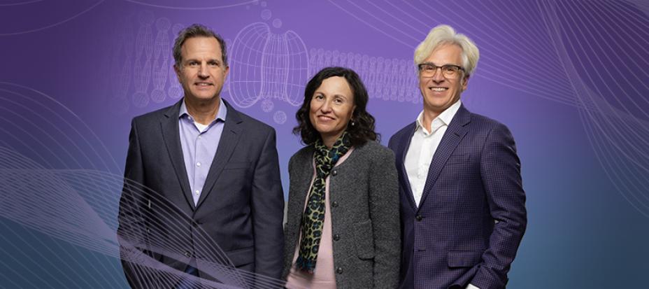 An image of Paul Negulescu, Sabine Hadida and Fred Van Goor smiling in front of a purple background