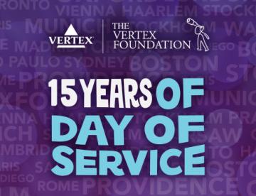An image with a purple background that has the names of Vertex office locations written in faded text in the background. In the foreground, there is text reading "15 years of day of service" and the Vertex and Vertex Foundation logos above it.