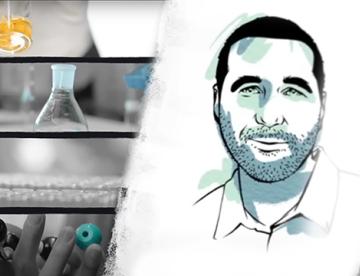 A drawing of Jason McCartney, a Senior Research Scientist at Vertex Pharmaceuticals next to multiple images of various pieces of lab equipment