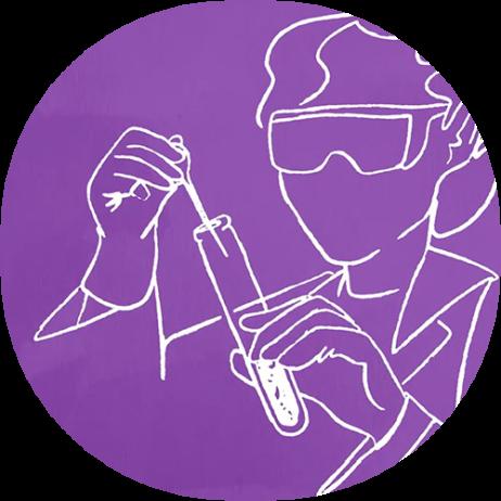 Line drawing of a scientist adding liquid to a test tube