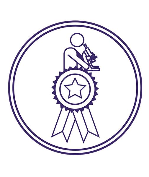 A graphic of a ribbon award with a scientist icon