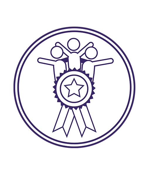 An image of a ribbon award with three people with their arms stretched out on top