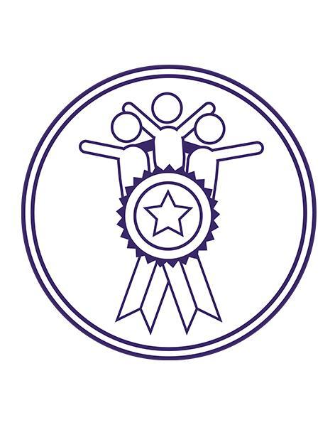 An image of a ribbon award with three people with their arms stretched out on top