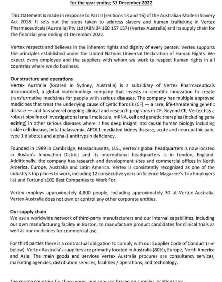 Image of the first page of Vertex Australia's Modern Slavery Act Transparency Statement to 31 Dec 2022