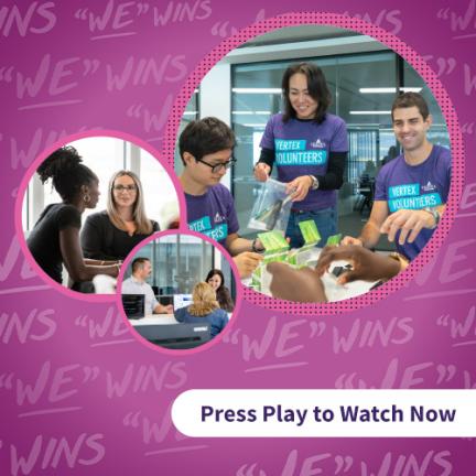 An image containing three circles with images of Vertexians working together. The image has a purple-pink background with the phrase “‘We’ Wins” displayed across the background.