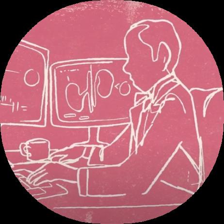 A drawing on a red background of a scientists sitting at a computer with multiple screens