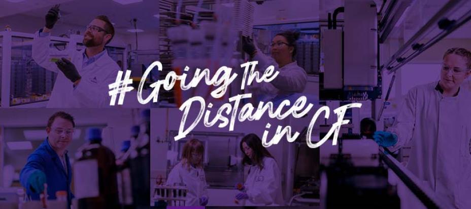 An image with a purple overlay with the text “#Going the distance in CF” in the middle and faded images of Vertexians working in the lab in the background
