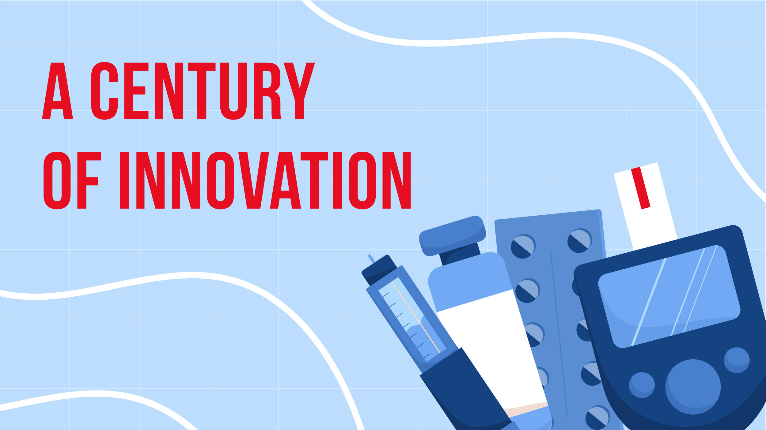 An image with a light blue background featuring various equipment related to the treatment of type 1 diabetes and red text that says "A century of innovation"