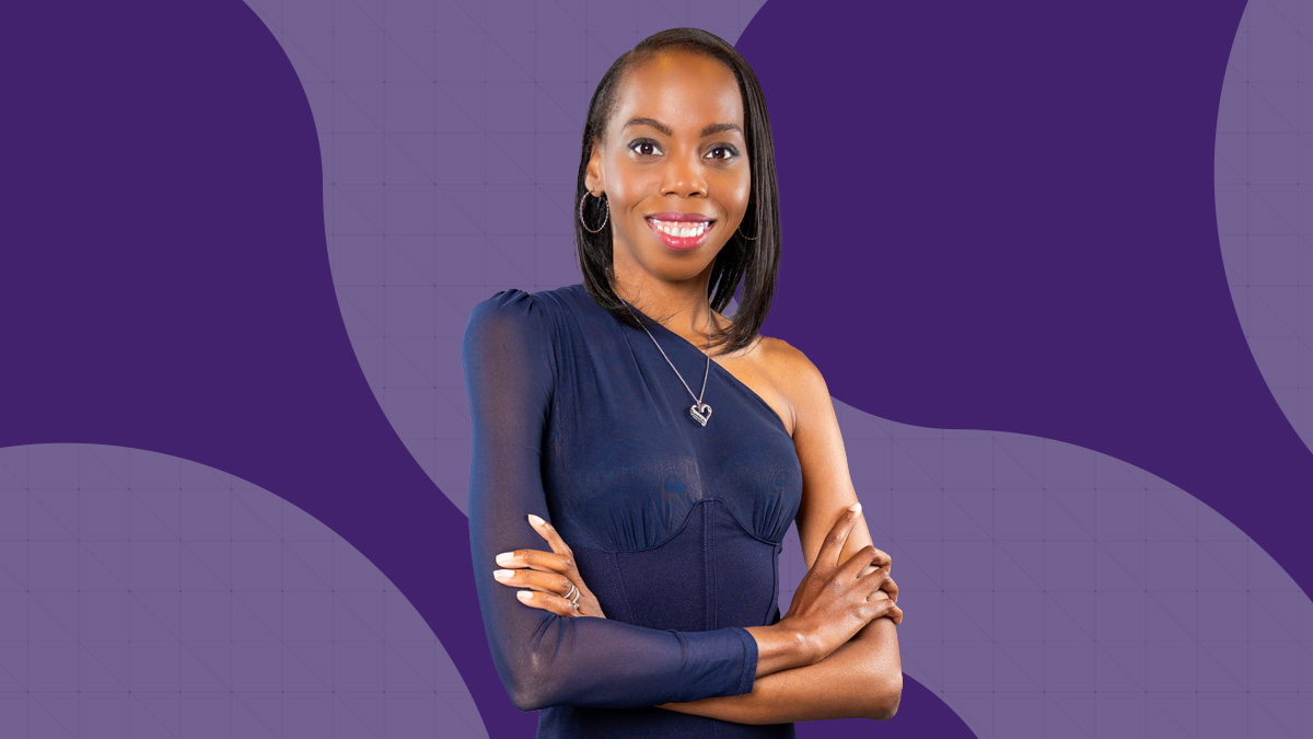 An image with a purple background of Dominique Goodson.