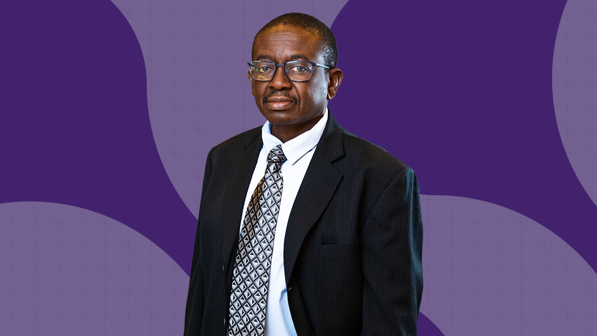 An image with a purple background of Howard Ffrench.