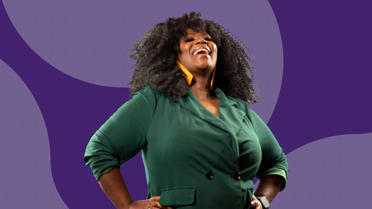 An image with a purple background of Sharonda Sikes.