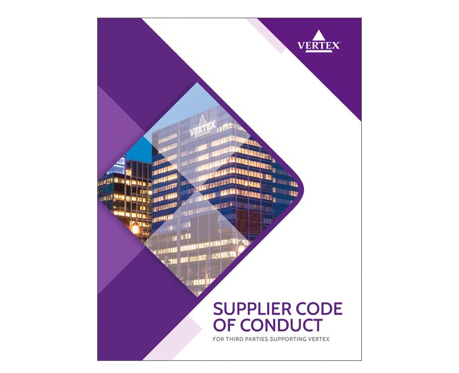 A screenshot of the cover of the Vertex Supplier Code of Conduct, featuring an image of the Vertex Fan Pier office with a purple overlay